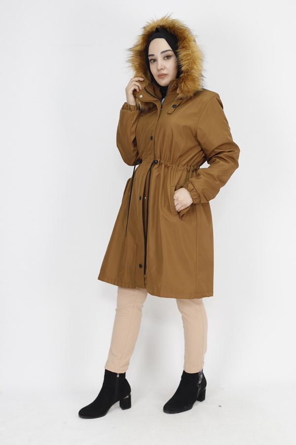 11011 Bondit Kumaş Büyük Beden Orta Boy Kaban-TABA