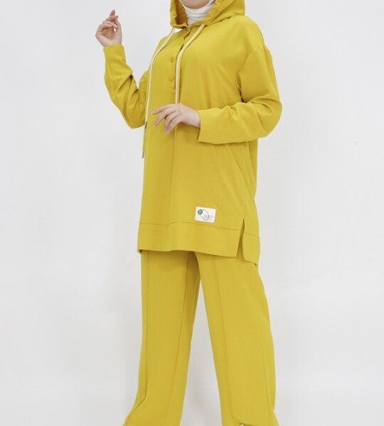 14189 Puane Yaka Düğme Detaylı ve Kapüşonlu Aerobin İkili Takım-YAĞ YEŞİLİ