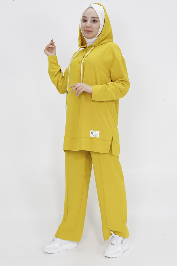 14189 Puane Yaka Düğme Detaylı ve Kapüşonlu Aerobin İkili Takım-YAĞ YEŞİLİ