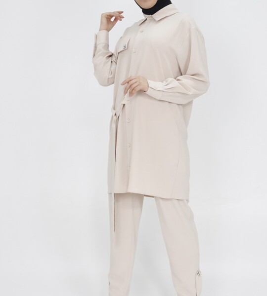 14191 Puane Sahte Cep Detaylı Beli Bağlamalı Aerobin İkili Takım-TAŞ