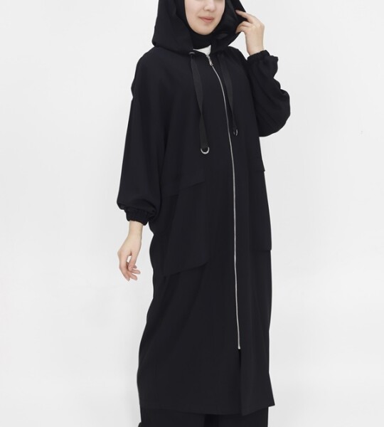 15157 Puane Aerobin Kumaş Sahte Cep Detaylı Kapüşonlu Kap-SİYAH