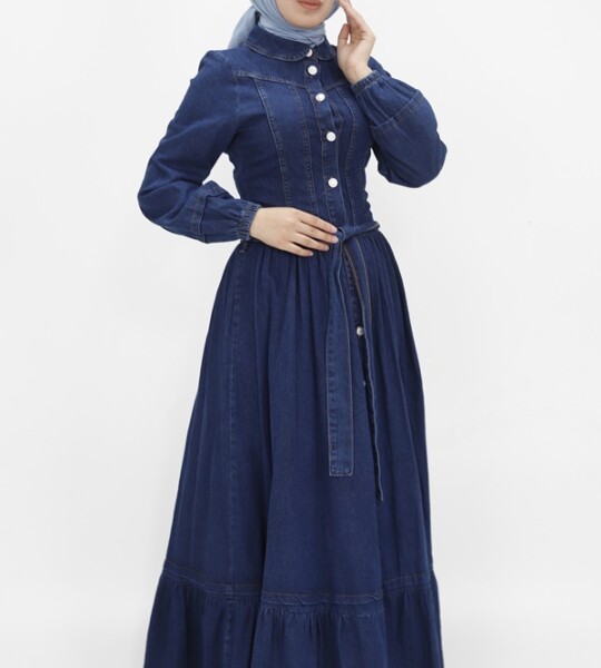 1565 Düğmeli ve Kemerli Uzun Kot Elbise-JEANS