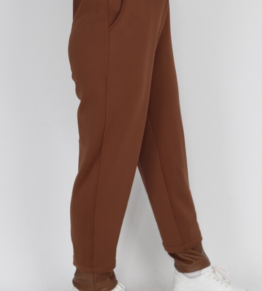 18139 Puane Scuba Kumaş Paçası Deri Detaylı Pantolon-TABA