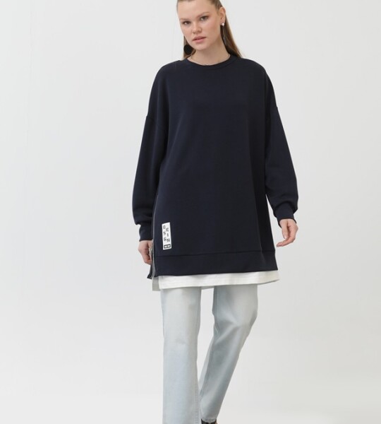 10613  Modal Kumaş Arma ve Fermuar Detaylı Sweatshirt-Lacivert