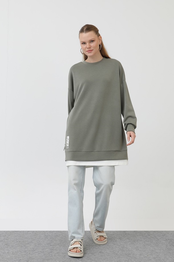 10613  Modal Kumaş Arma ve Fermuar Detaylı Sweatshirt-Gri
