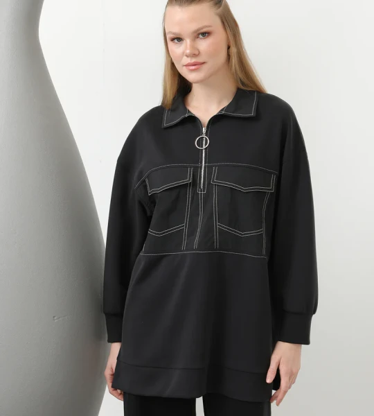 20602 Puane Modal Kumaş Cep Detaylı Takım-SİYAH