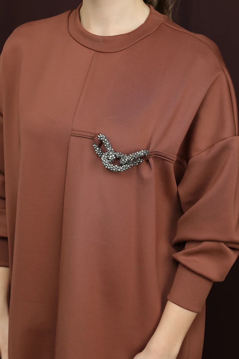 10717 Puane Scuba Kumaş Aksesuar Detaylı Sweatshirt-KAHVE