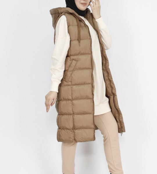 3023 Jessica Kumaş Cepli Dolum Şişme Yelek-CAMEL