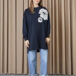 10743 Puane 2 İp Kumaş Taş ve Baskılı Detaylı Sweatshirt-LACİVERT