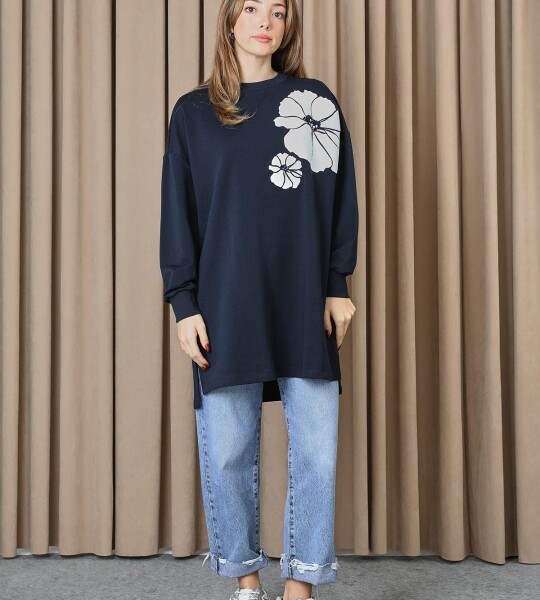10743 Puane 2 İp Kumaş Taş ve Baskılı Detaylı Sweatshirt-LACİVERT