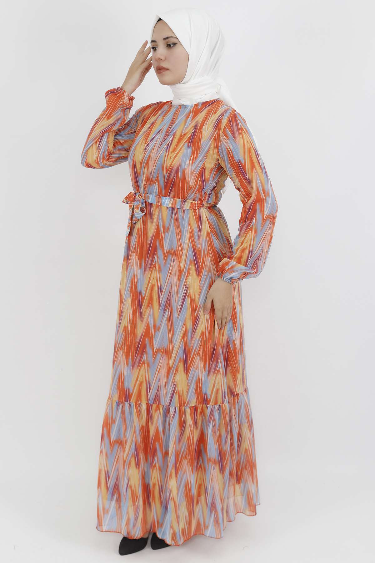 403 Zigzag Desenli Şifon Kumaş Elbise-ORANJ