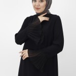 4331 BUTİK KREP KUMAŞ FIRFIR DETAYLI TESETTÜR ABİYE-SİYAH