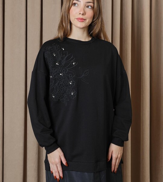 10739 Puane 2 İp Kumaş Taş ve Nakışlı Detaylı Sweatshirt-SİYAH