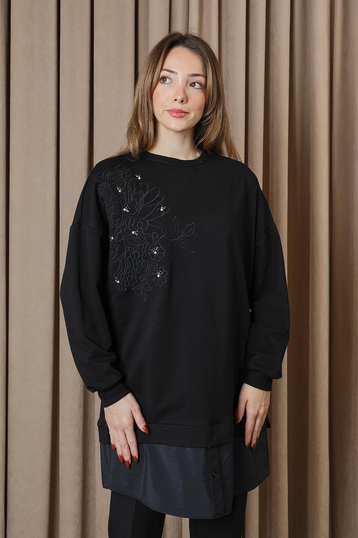 10739 Puane 2 İp Kumaş Taş ve Nakışlı Detaylı Sweatshirt-SİYAH