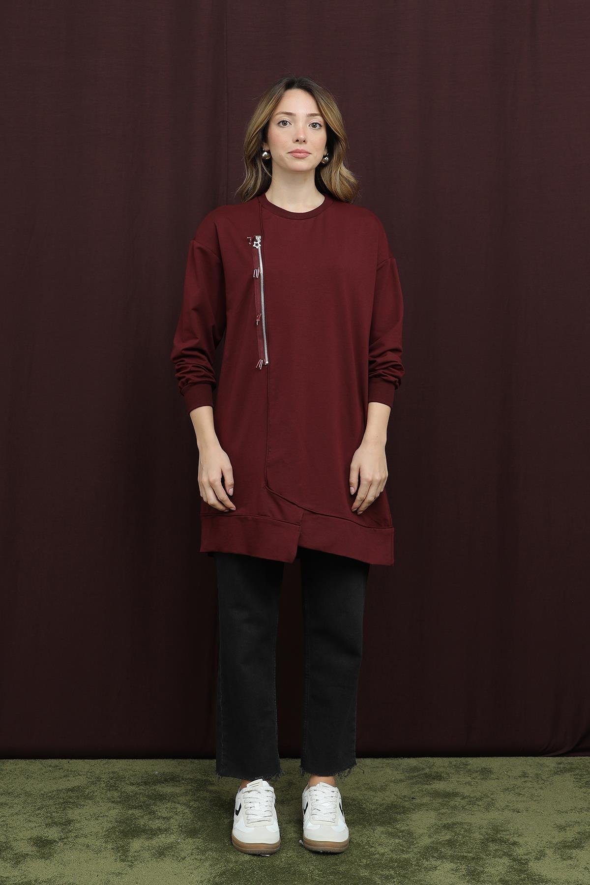10735 Puane 2 İp Kumaş Fermuar Detaylı Sweatshirt-BORDO