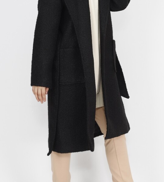 8101 Kruvaze Yaka Cep Detaylı Kuzu Tüyü Kaban-SİYAH