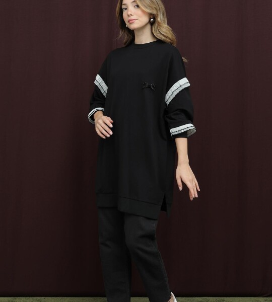 10718 Puane 2 İp Kumaş Fırfır Detaylı Sweatshirt-SİYAH