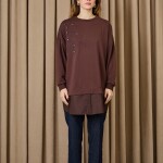 10739 Puane 2 İp Kumaş Taş ve Nakışlı Detaylı Sweatshirt-KAHVE