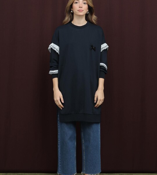 10718 Puane 2 İp Kumaş Fırfır Detaylı Sweatshirt-LACİVERT