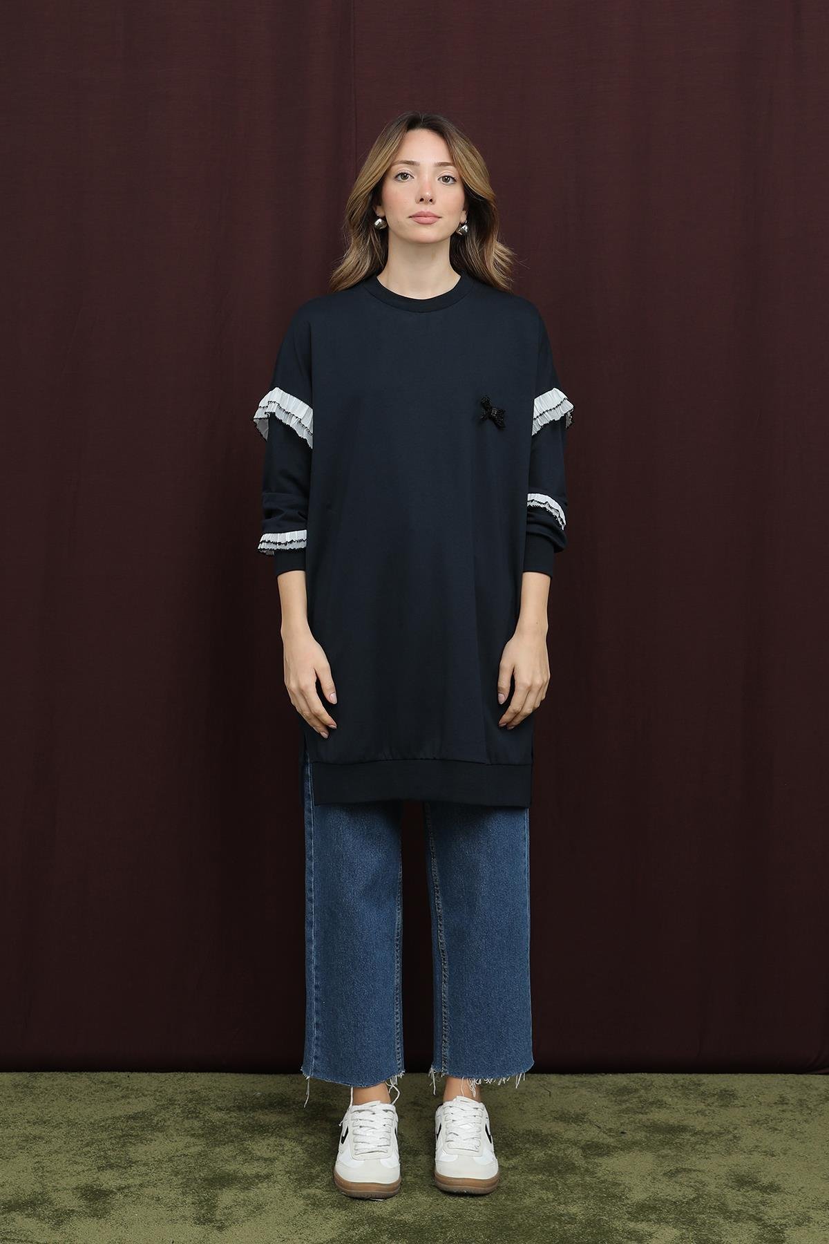 10718 Puane 2 İp Kumaş Fırfır Detaylı Sweatshirt-LACİVERT