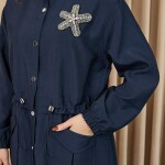 10741 Puane Taş Detaylı Paraşüt Kumaş Trenç Gömlek-LACİVERT