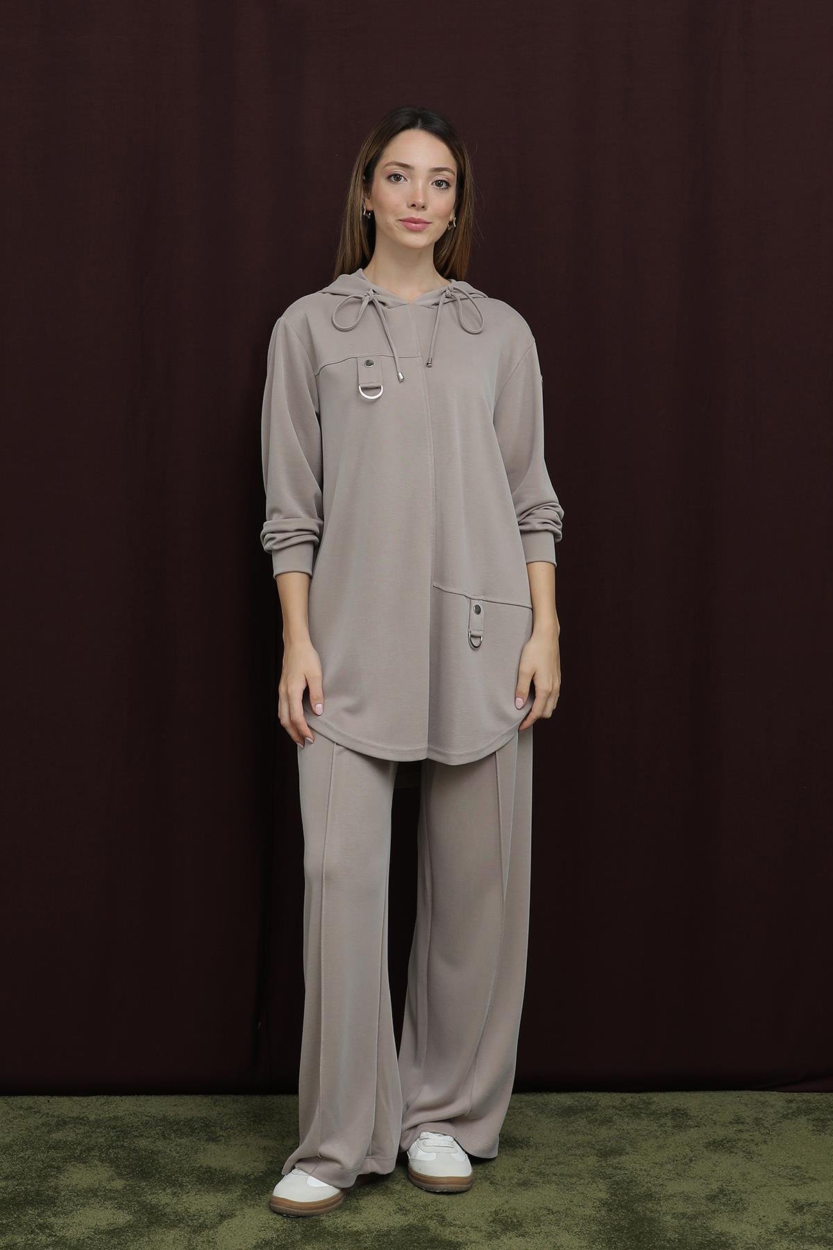 14386  Puane Oversize Kapişonlu Takım-BEJ