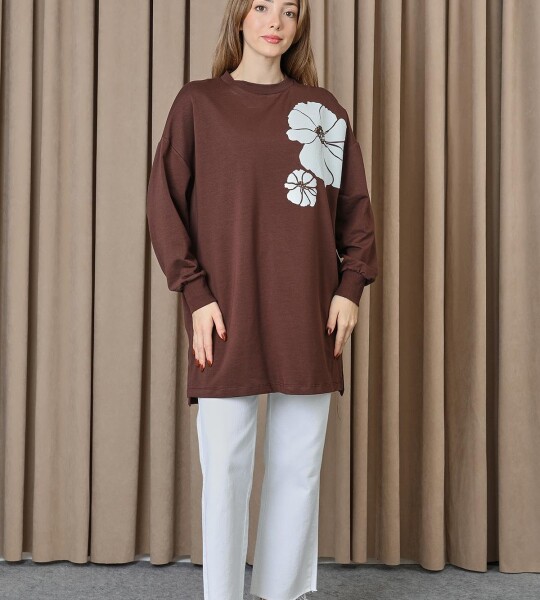 10743 Puane 2 İp Kumaş Taş ve Baskılı Detaylı Sweatshirt-KAHVE