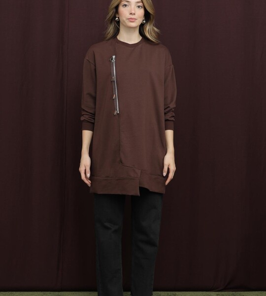 10735 Puane 2 İp Kumaş Fermuar Detaylı Sweatshirt-KAHVE