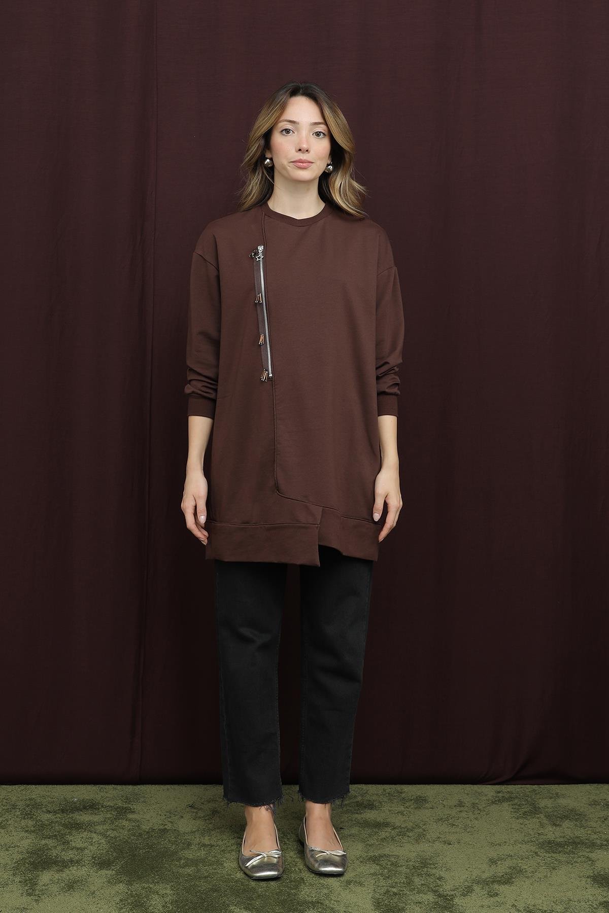 10735 Puane 2 İp Kumaş Fermuar Detaylı Sweatshirt-KAHVE