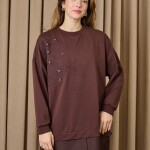 10739 Puane 2 İp Kumaş Taş ve Nakışlı Detaylı Sweatshirt-KAHVE