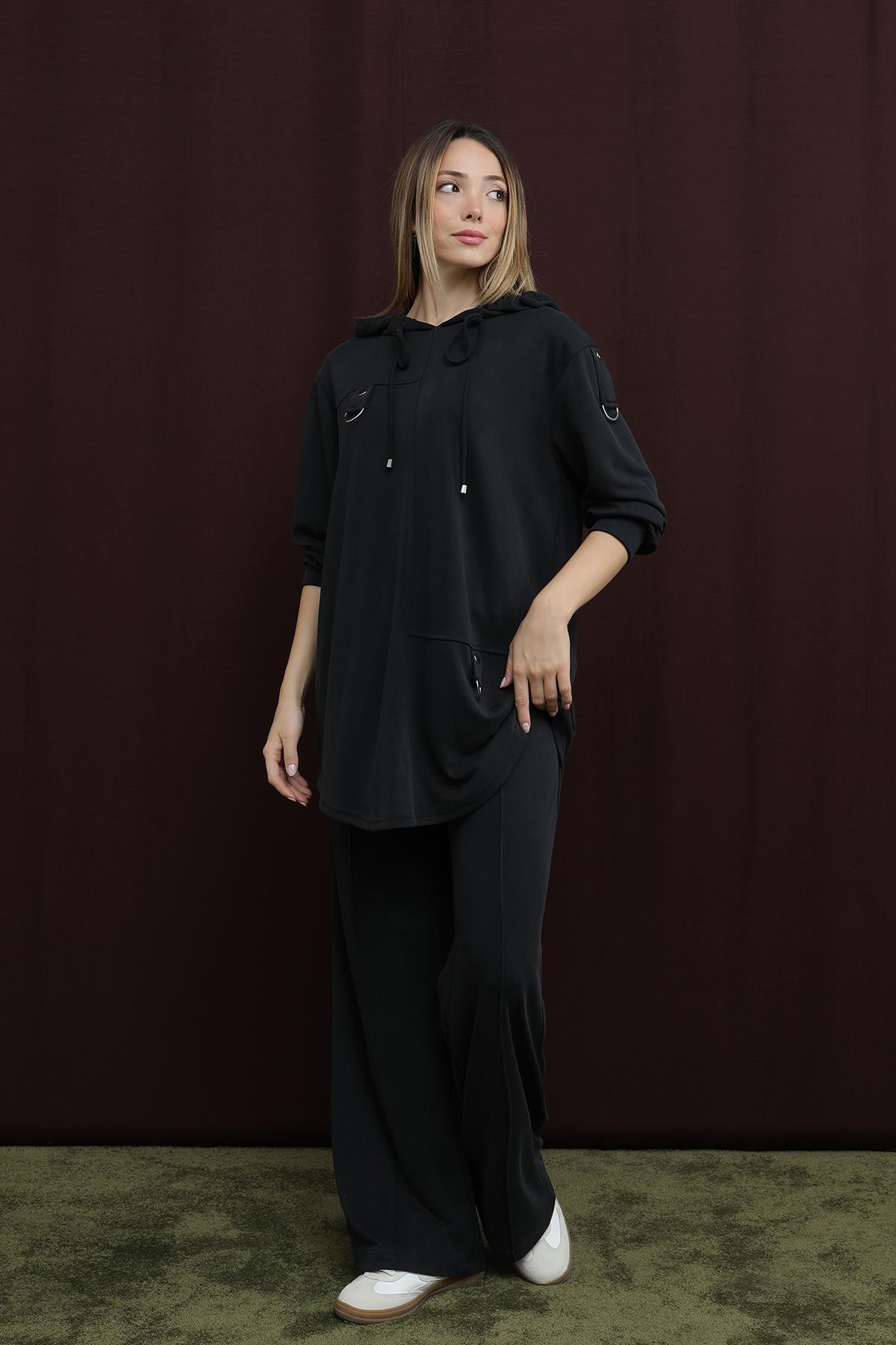 14386  Puane Oversize Kapişonlu Takım-SİYAH