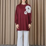 10743 Puane 2 İp Kumaş Taş ve Baskılı Detaylı Sweatshirt-BORDO