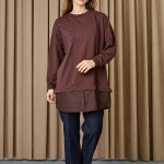 10739 Puane 2 İp Kumaş Taş ve Nakışlı Detaylı Sweatshirt-KAHVE