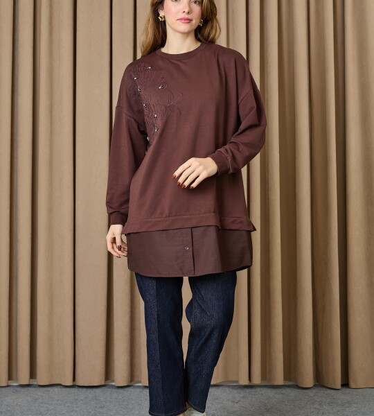10739 Puane 2 İp Kumaş Taş ve Nakışlı Detaylı Sweatshirt-KAHVE