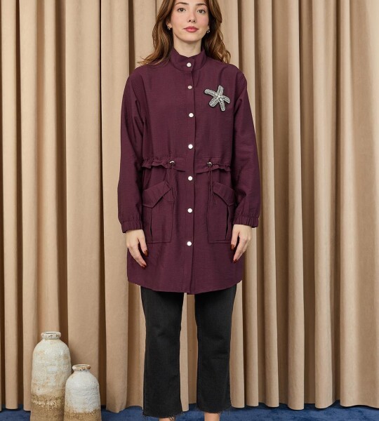 10741 Puane Taş Detaylı Paraşüt Kumaş Trenç Gömlek-MOR