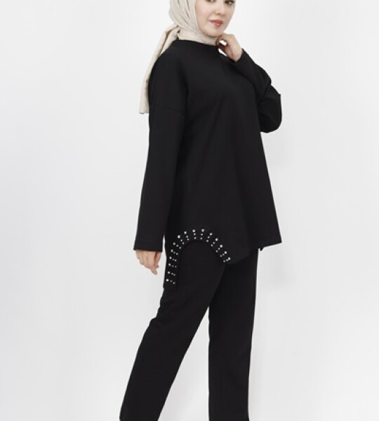 6990 Yanı Taş Detaylı 2 Li Takım-SİYAH