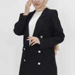 2405 Sahte Cep Detaylı Kruvaze Yaka Blazer Ceket-Siyah