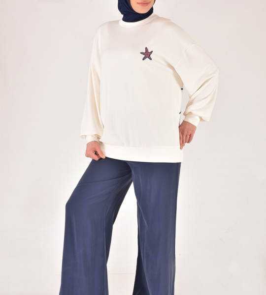 32163 Modal Kumaş Sırtı Nakış Detaylı Tesettür Sweatshirt-EKRU