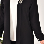 2554 Krep Kumaş Taş Aksesuar Detaylı Tesettür Üçlü Takım-SİYAH