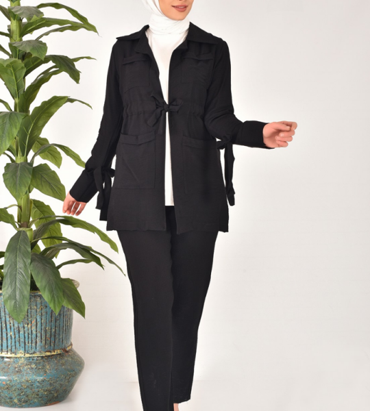 107 Lina Kumaş Keten Görünümlü Beli Büzgü Detaylı Üç Parça Tesettür Takım-SİYAH