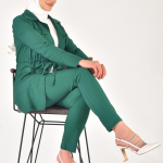 107 Lina Kumaş Keten Görünümlü Beli Büzgü Detaylı Üç Parça Tesettür Takım-YEŞİL