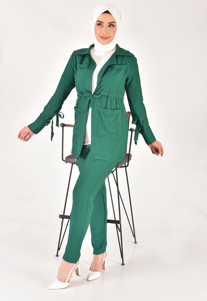 107 Lina Kumaş Keten Görünümlü Beli Büzgü Detaylı Üç Parça Tesettür Takım-YEŞİL