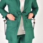 107 Lina Kumaş Keten Görünümlü Beli Büzgü Detaylı Üç Parça Tesettür Takım-YEŞİL