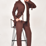 107 Lina Kumaş Keten Görünümlü Beli Büzgü Detaylı Üç Parça Tesettür Takım-KAHVERENGİ