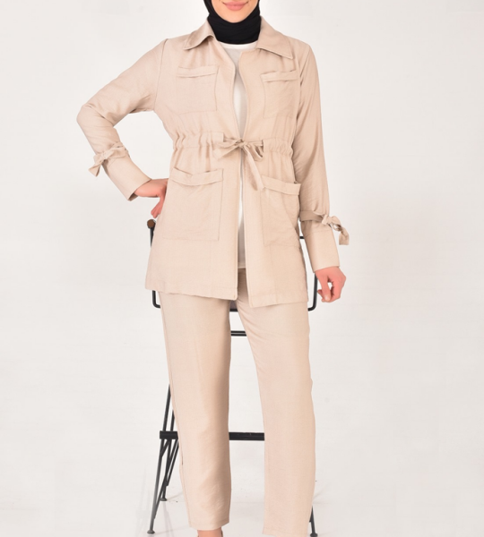 107 Lina Kumaş Keten Görünümlü Beli Büzgü Detaylı Üç Parça Tesettür Takım-TAŞ