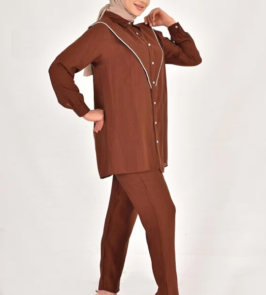 106 LİNA KETEN KUMAŞ TAŞ DETAYLI TESETTÜR 2Lİ TAKIM-KAHVE