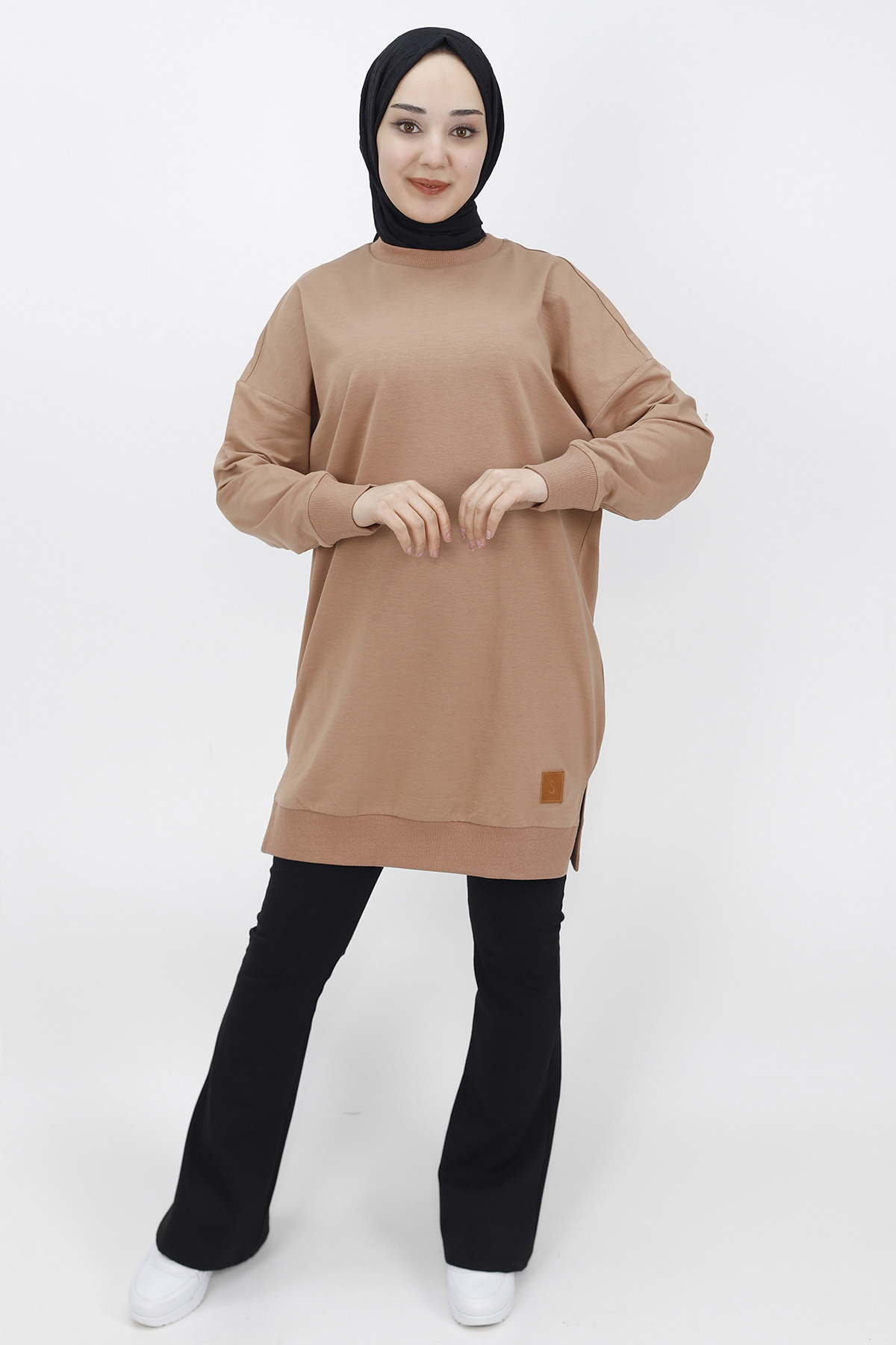 30644 Puane 2 İplik Kumaş Basic Sweatshirt-bej