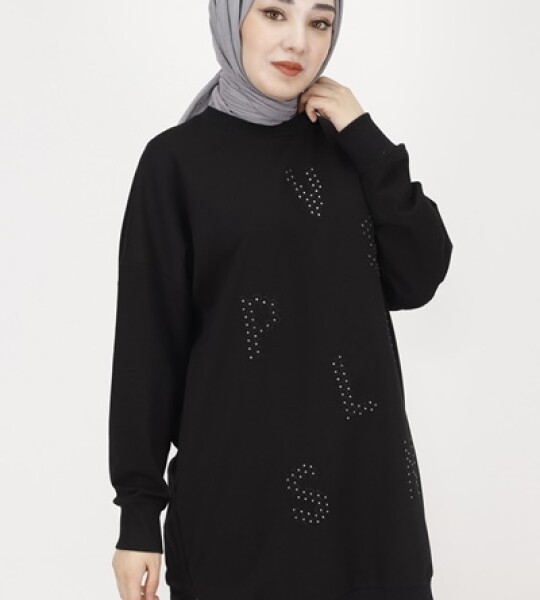 10347 Puane 2 İp Kumaş Taş Baskılı Sweatshirt-SİYAH