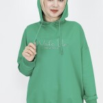 23299 2 İp Kumaş Yazı Baskılı Sweatshirt-YEŞİL