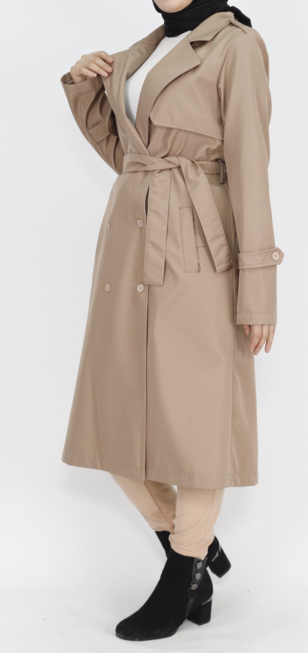 11010 Bondit Kumaş Beli Bağlama Detaylı Orta Boy Trençkot-TAŞ